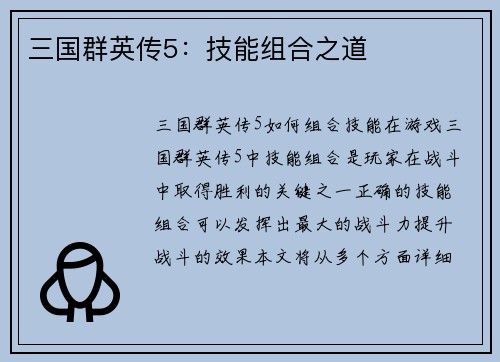 三国群英传5：技能组合之道